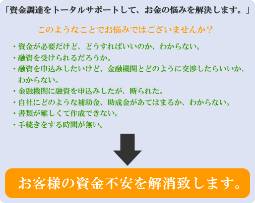 ものづくり補助金、助成金の申請代行やご相談に対応・サポートしお客様の資金不安を解消致します。